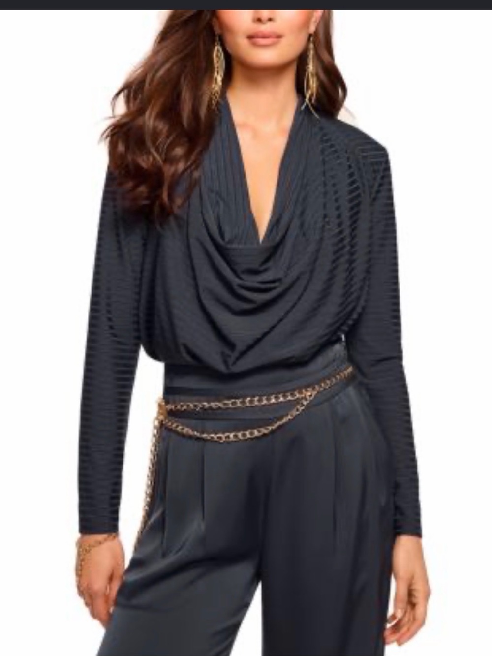 Ramy Brook Slate Blue Ribbed Cowl Neck Long Sleeve Sweater